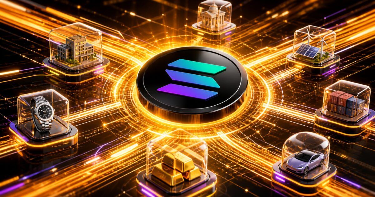 Solana network mark connected to tokenized property, energy, shipping, gold and vehicle assets