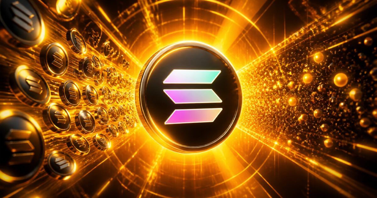 Solana token emblem amid a narrowing stream of SOL tokens and glowing burn particles