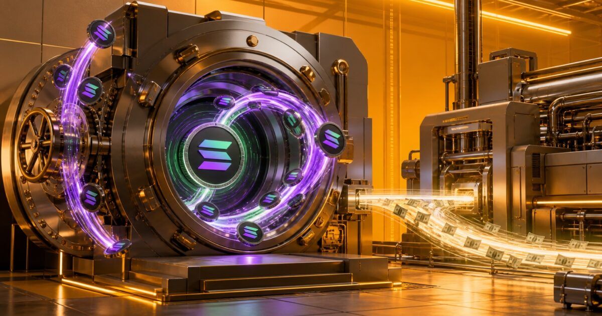 Solana staking rewards circulating through a treasury vault while a separate cash stream funds operations