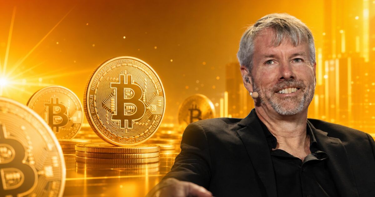 Michael Saylor with Bitcoin imagery after Strategy resumed Bitcoin purchases