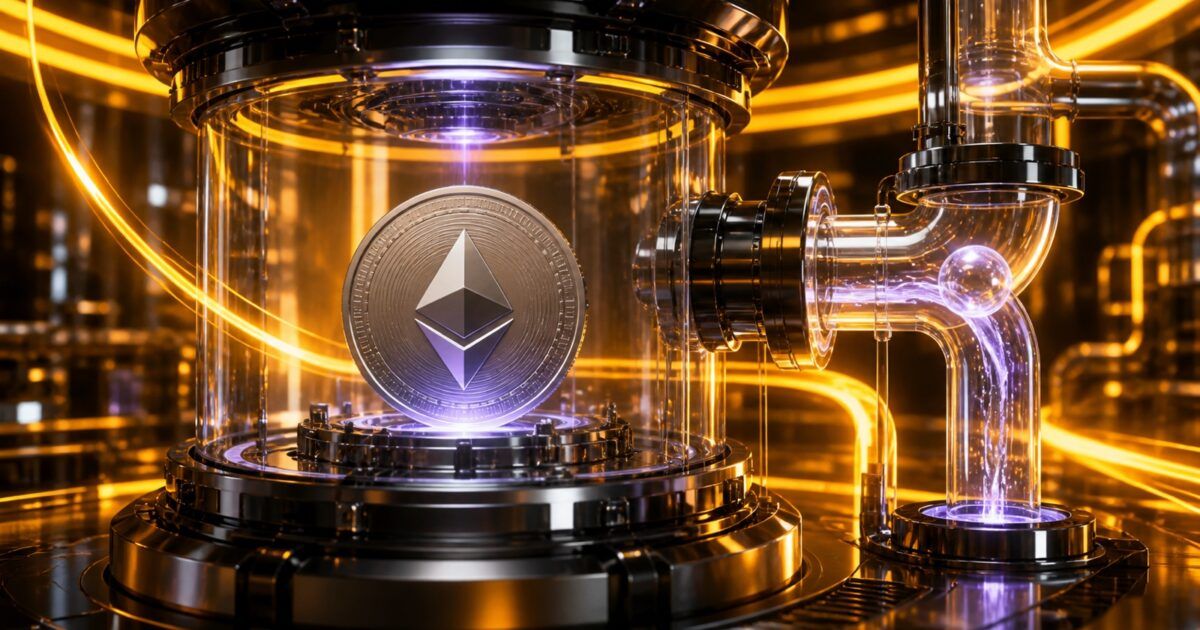 Ethereum token secured in a staking chamber beside an open liquidity pathway