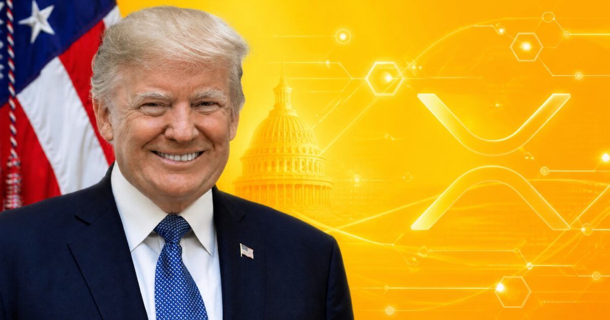President Donald Trump beside the U.S. Capitol and XRP-themed crypto policy artwork