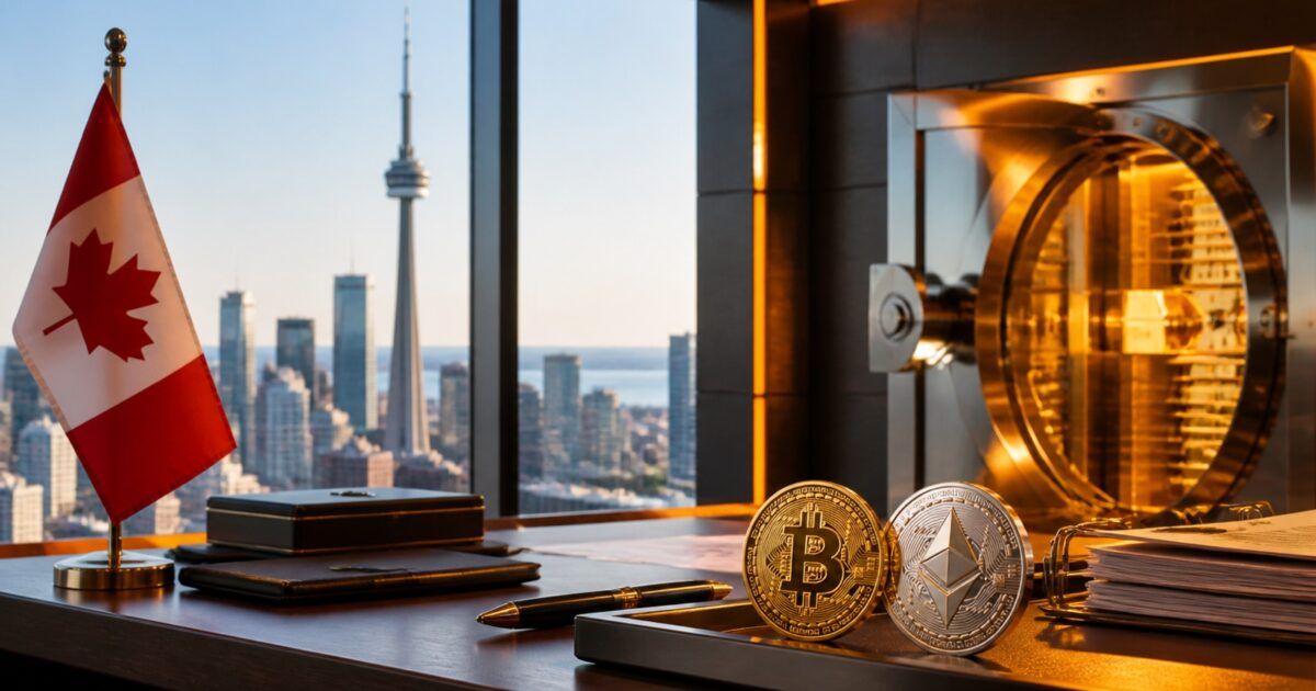 Canadian flag, Toronto skyline, crypto coins and secure institutional custody vault