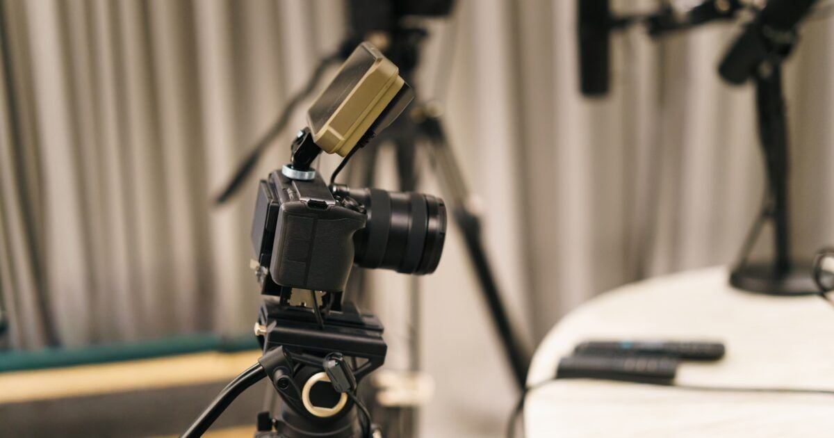 Professional camera and microphones in a content creator studio