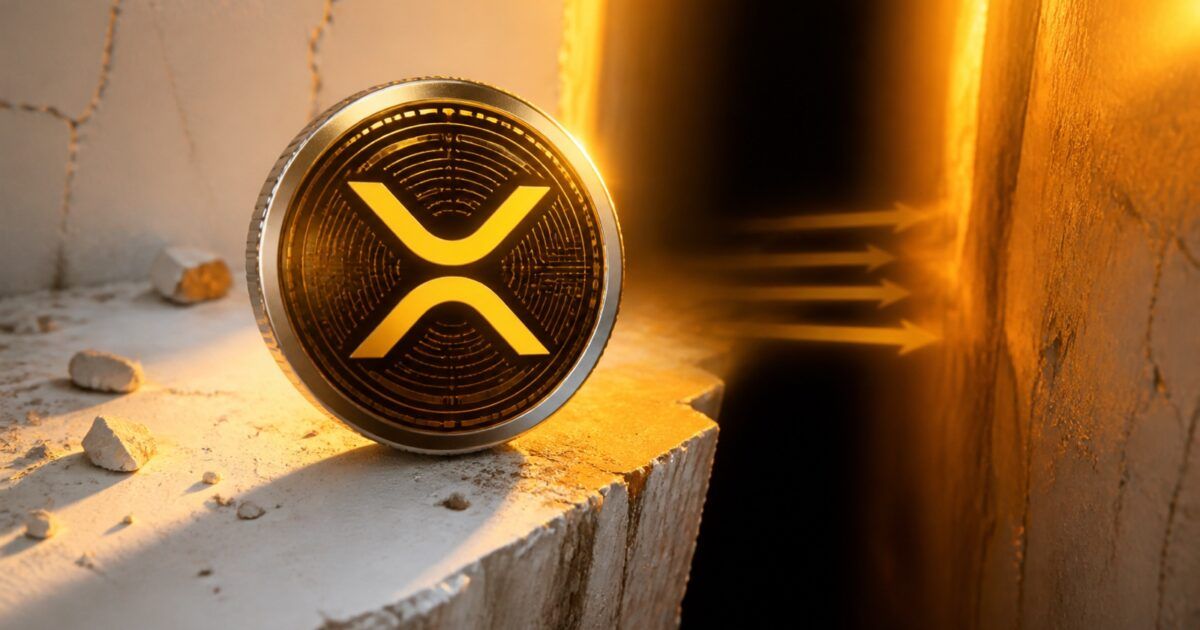 A metallic XRP token balanced at the edge of a bright support ledge