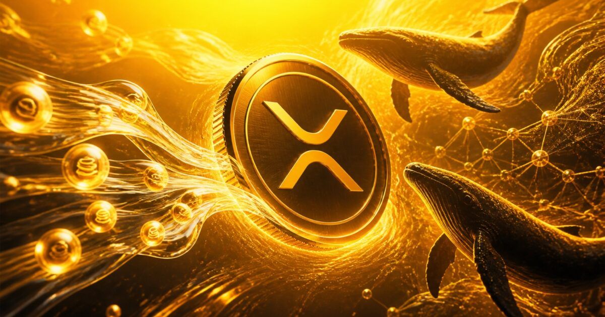 XRP coin amid bright yellow market currents and two opposing whale silhouettes
