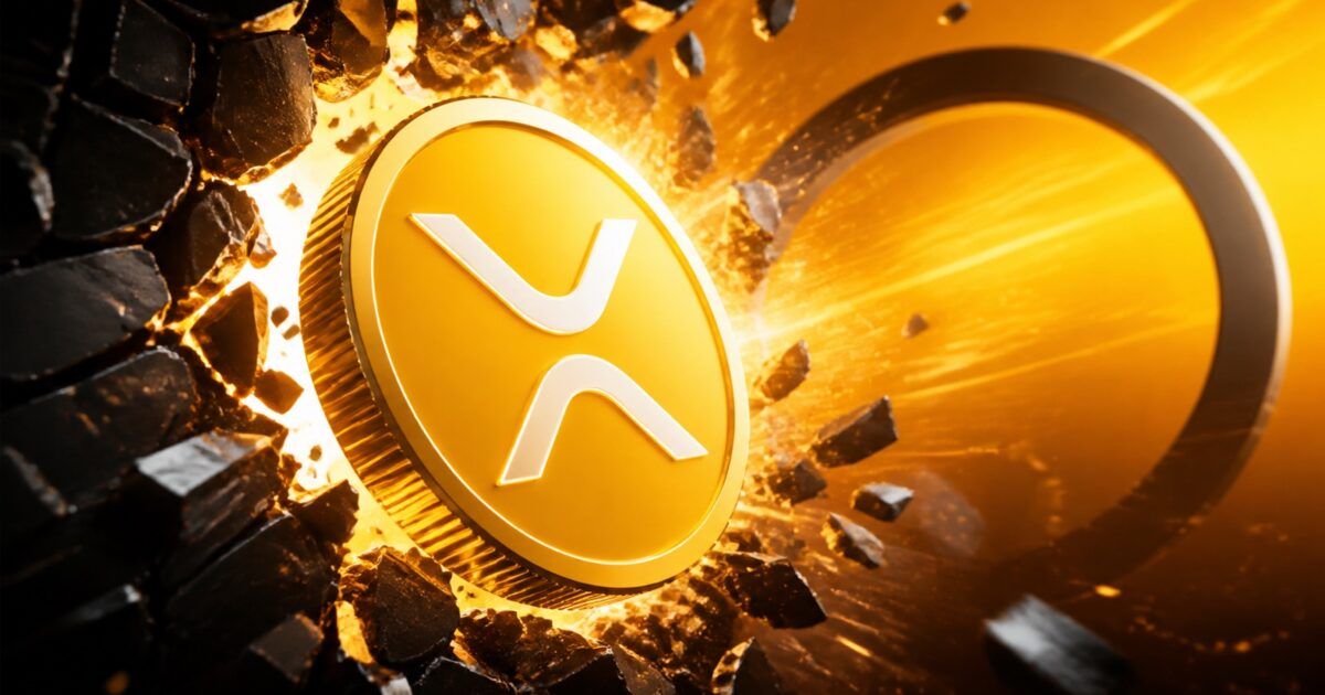 XRP coin breaking through a dark barrier into bright yellow-orange light