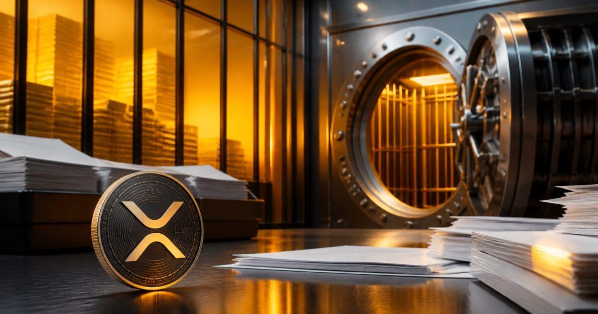 XRP token, fund documents and an institutional vault representing ETF inflows