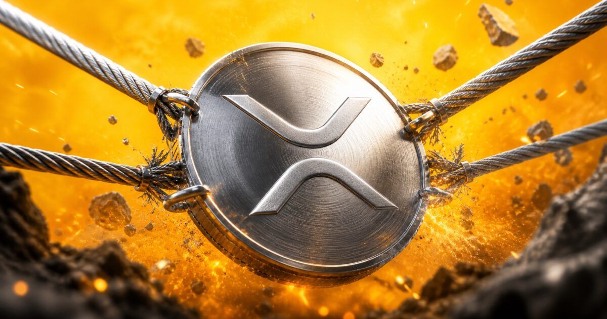 Silver XRP coin held under tension by fraying cables against a yellow-orange background