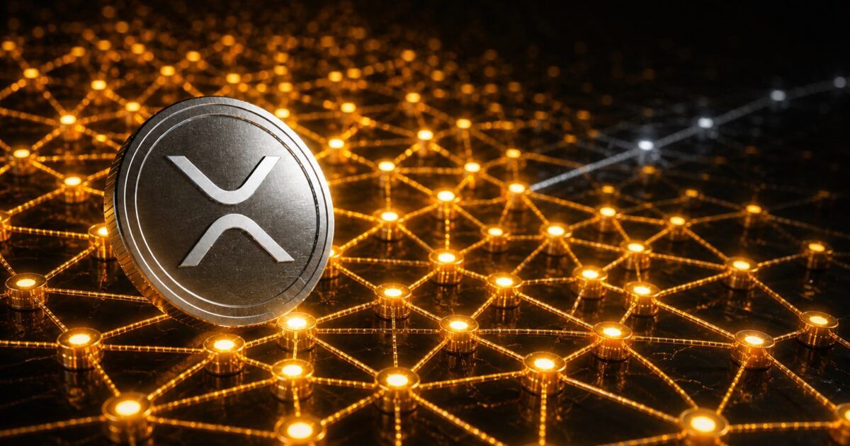 XRP coin over an illuminated network of ledger nodes