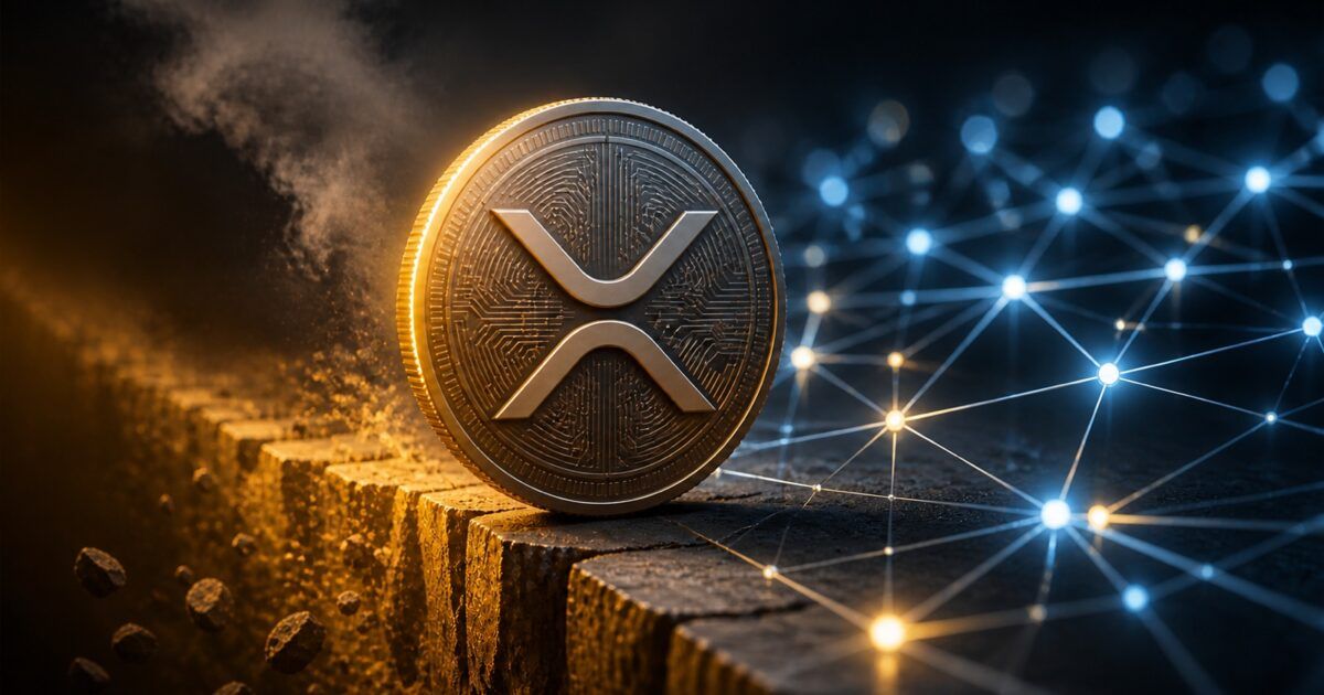 XRP coin at a market threshold beside illuminated ledger connections
