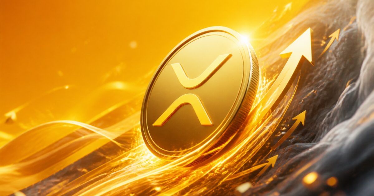 A dimensional XRP coin surging through yellow-orange market energy