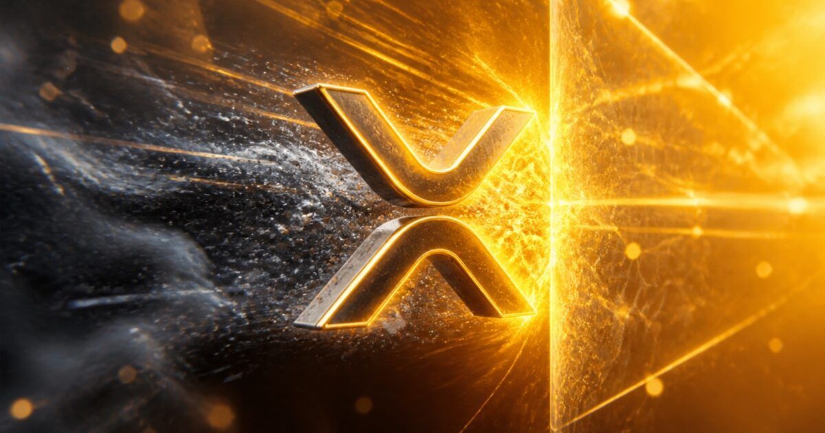 Metallic XRP symbol meeting a glowing resistance plane in a yellow-orange energy field