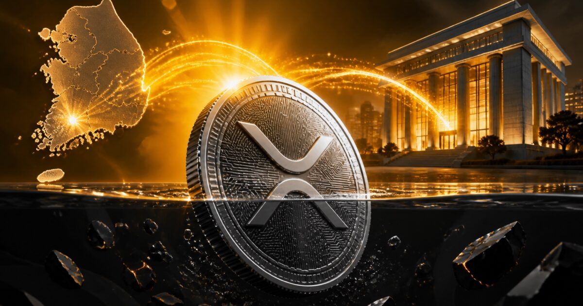 A silver XRP coin crosses a market threshold as a payment route links South Korea to a regional bank