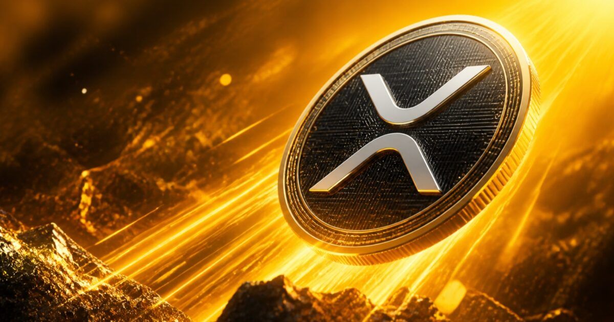 XRP token surging through bright gold light as crypto markets rally