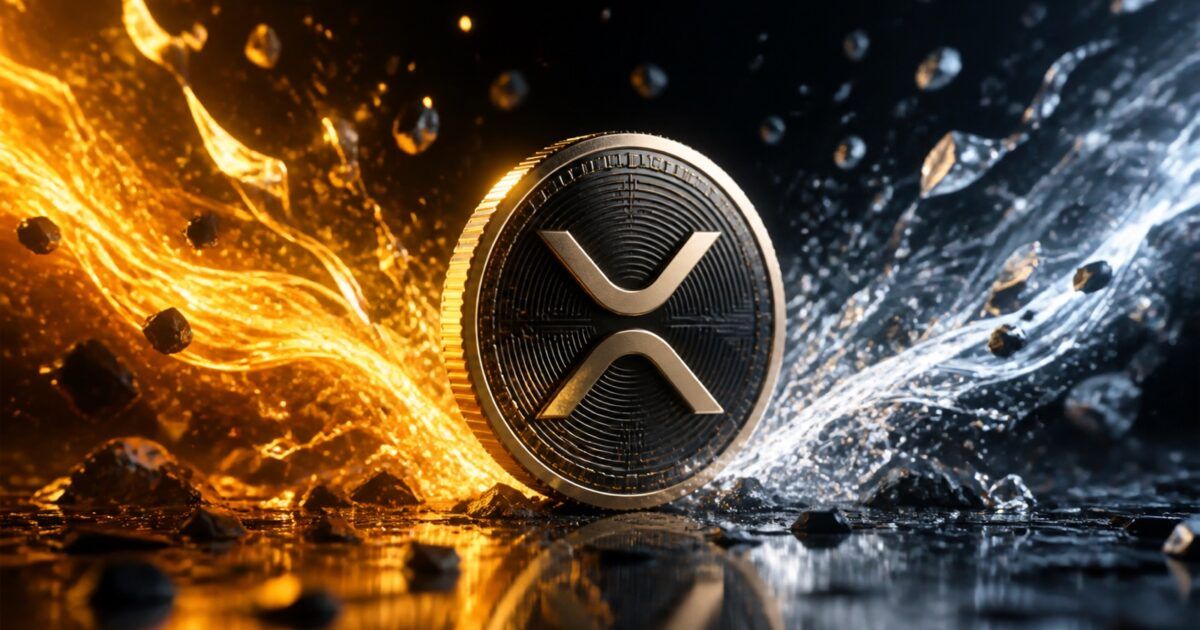 A metallic XRP coin between opposing yellow-orange and cool white volatility waves