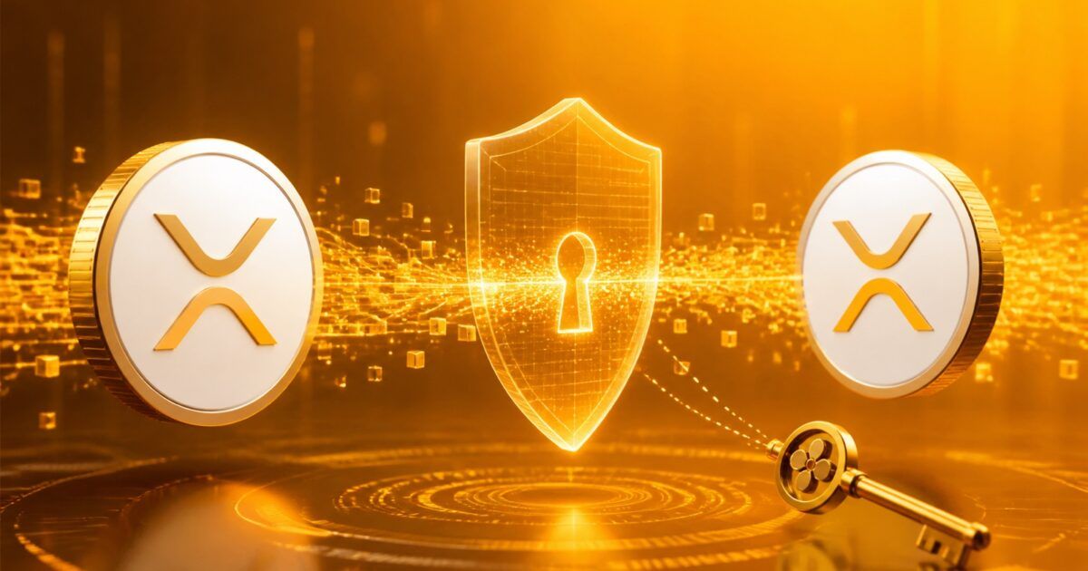 XRP symbols connected through an encrypted transfer shield representing confidential token transfers