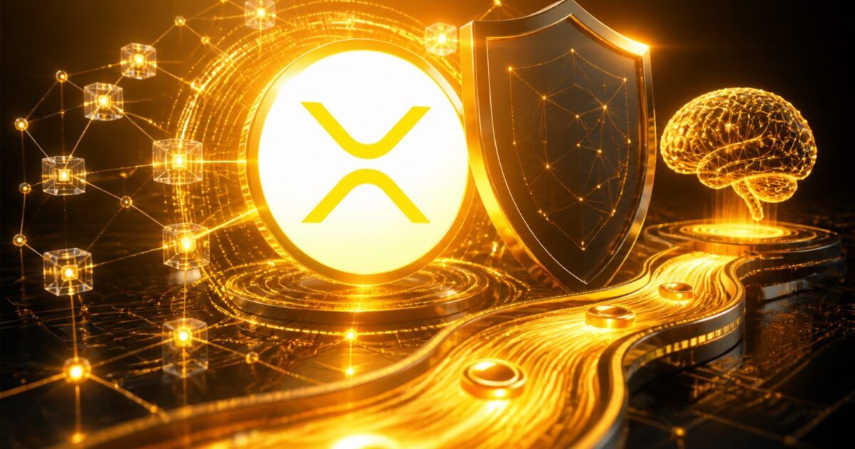 XRP Ledger symbol beside a shield, an AI motif and a lending pathway