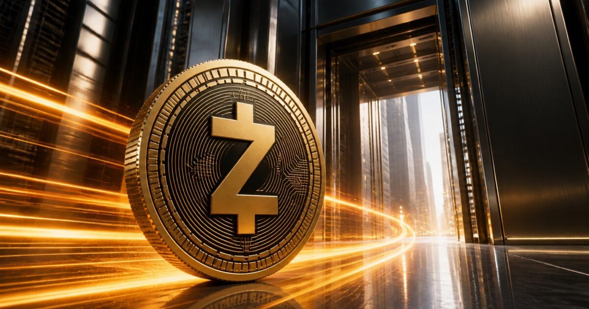 Zcash coin moving through an institutional market gateway with golden energy trails