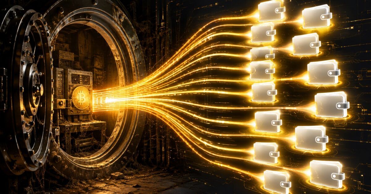 Twelve luminous Bitcoin transfer paths move from a dormant early-mining vault into new wallets
