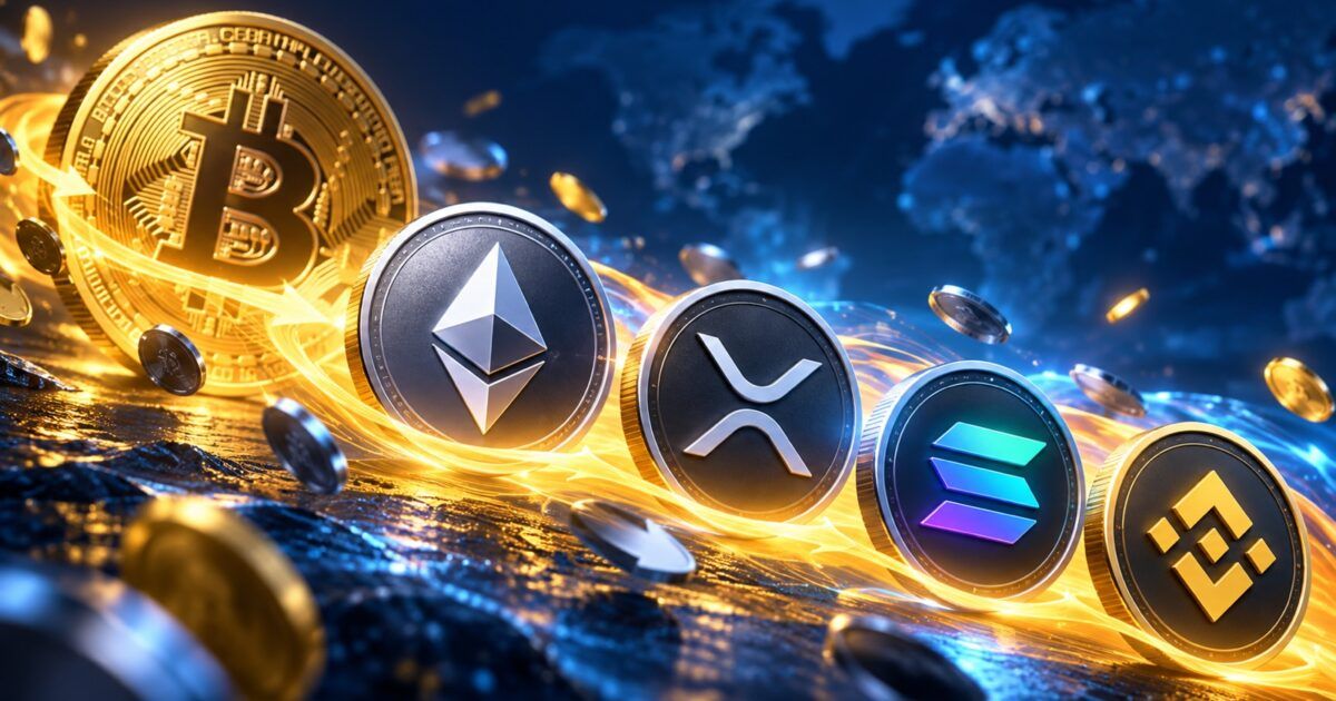 Bitcoin, Ethereum, XRP, Solana, and BNB coins connected by a bright market-rotation stream