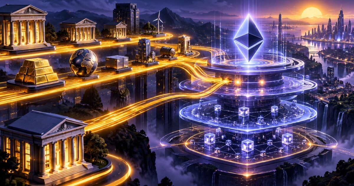 Institutional asset rails flowing into a layered blockchain network representing Arbitrum adoption