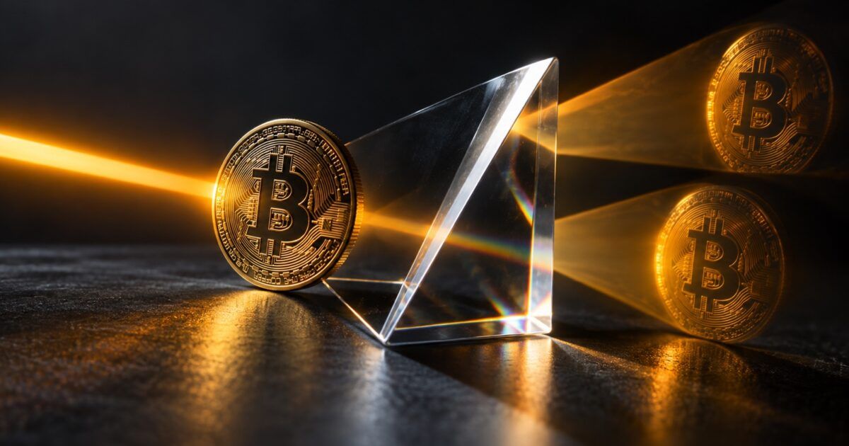 Bitcoin coin and two optical reflections split through a glass prism in yellow-orange light