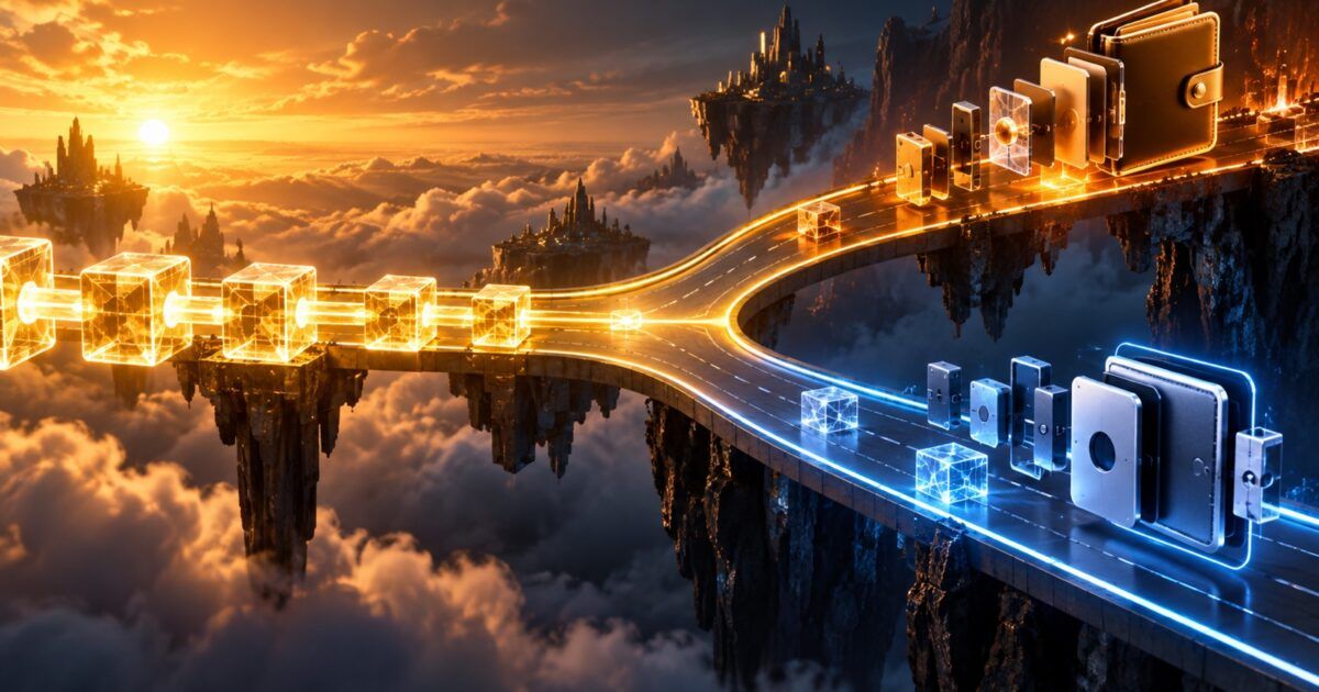 A glowing blockchain path divides into orange and blue wallet infrastructure routes