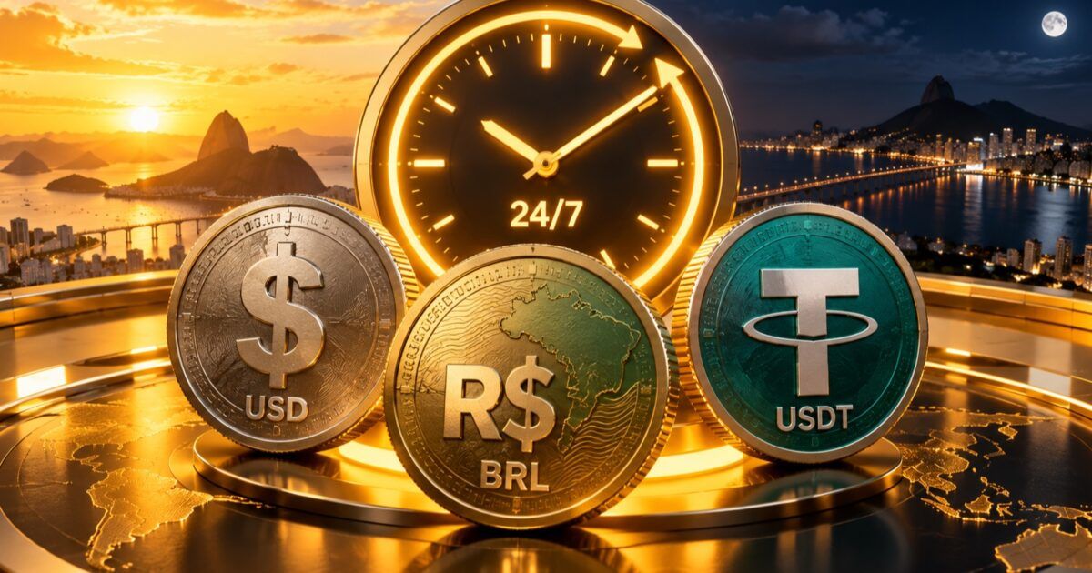 Twenty-four-hour clock with USD, Brazilian real and USDT symbols representing Binance’s 24/7 FX perpetual futures