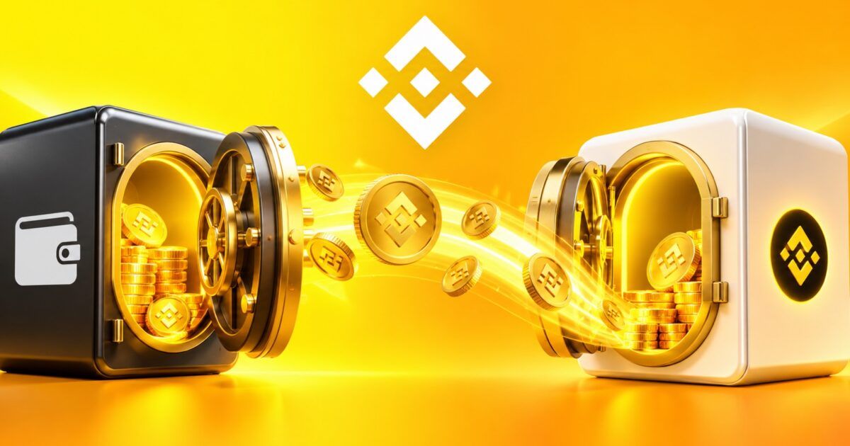 Gold crypto assets moving between two secure account vaults in a Binance account migration