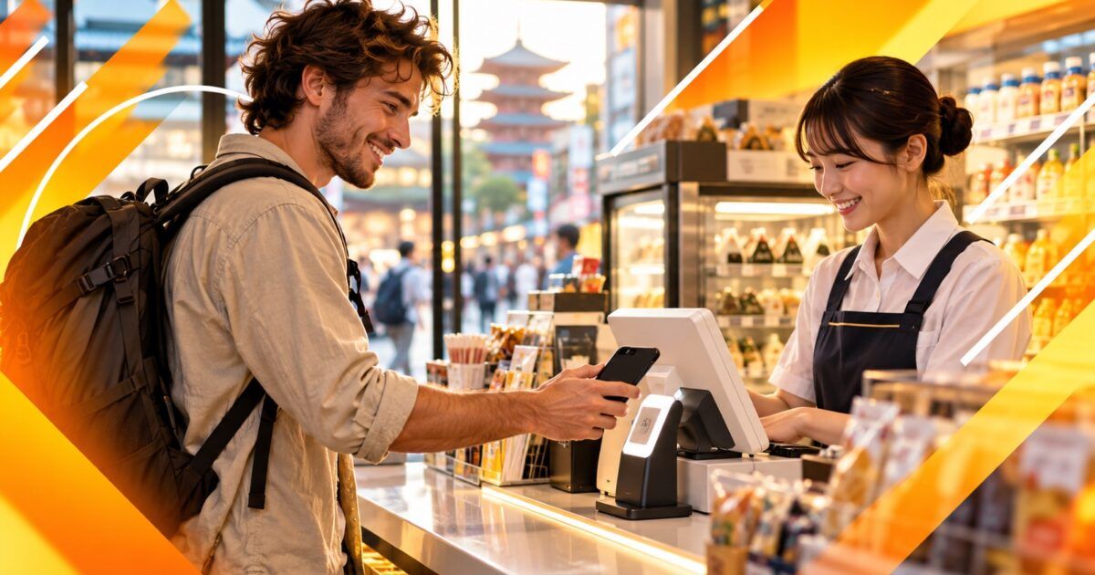 Traveler using a phone payment at a Japanese merchant