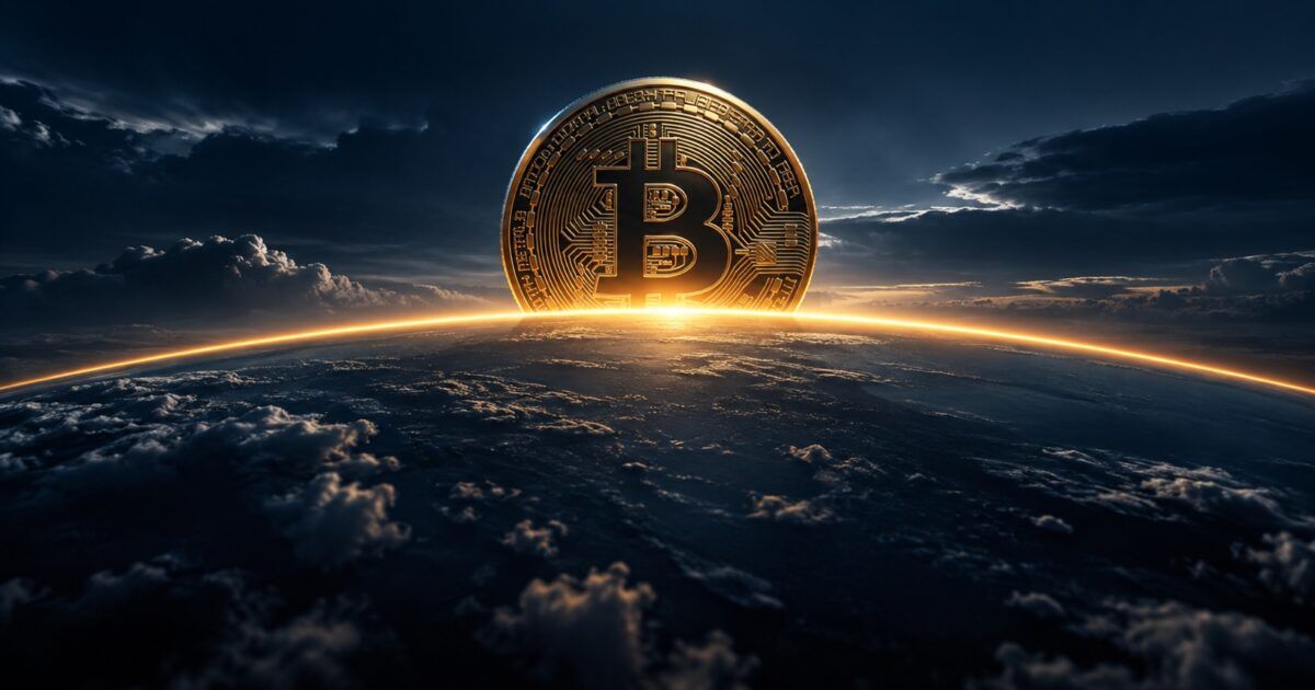 Bitcoin rising above a glowing amber horizon against a dark blue sky