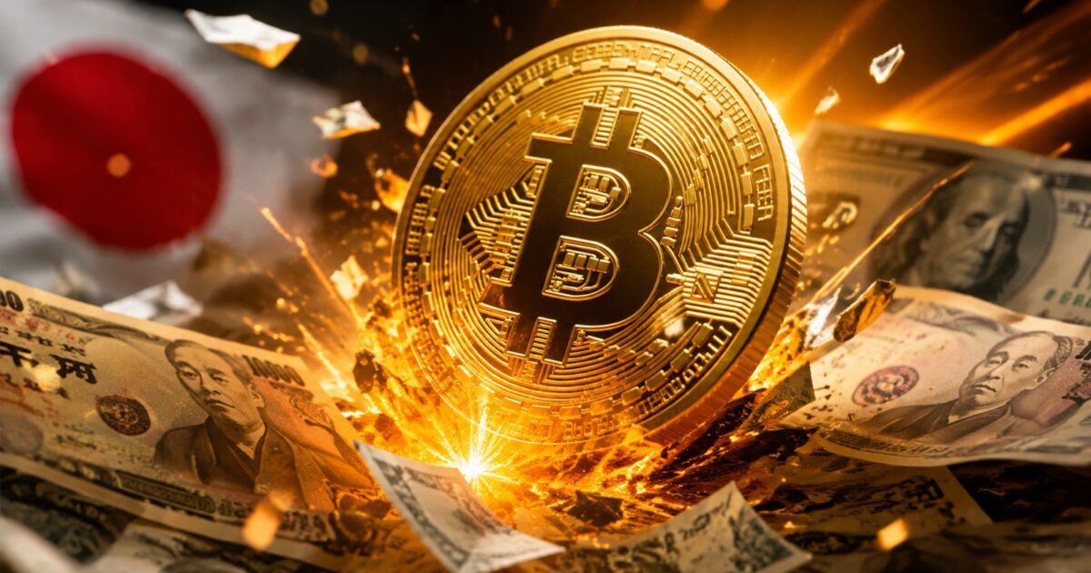 Bitcoin coin rising amid Japanese yen and US dollar currency context