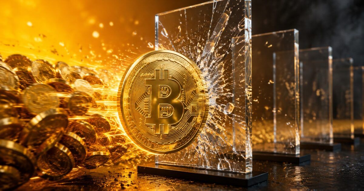 Bitcoin coin breaking through glass as spot demand meets market resistance