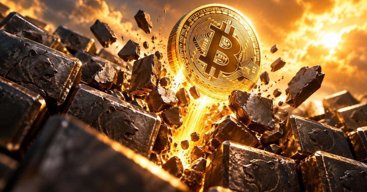 Bitcoin breaking upward through dark bearish blocks in a yellow-orange burst