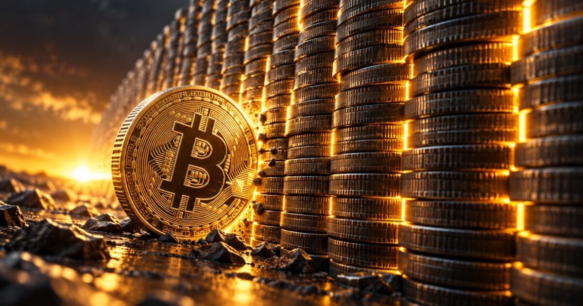 Bitcoin coin facing a dense wall of stacked coins illuminated in yellow-orange light