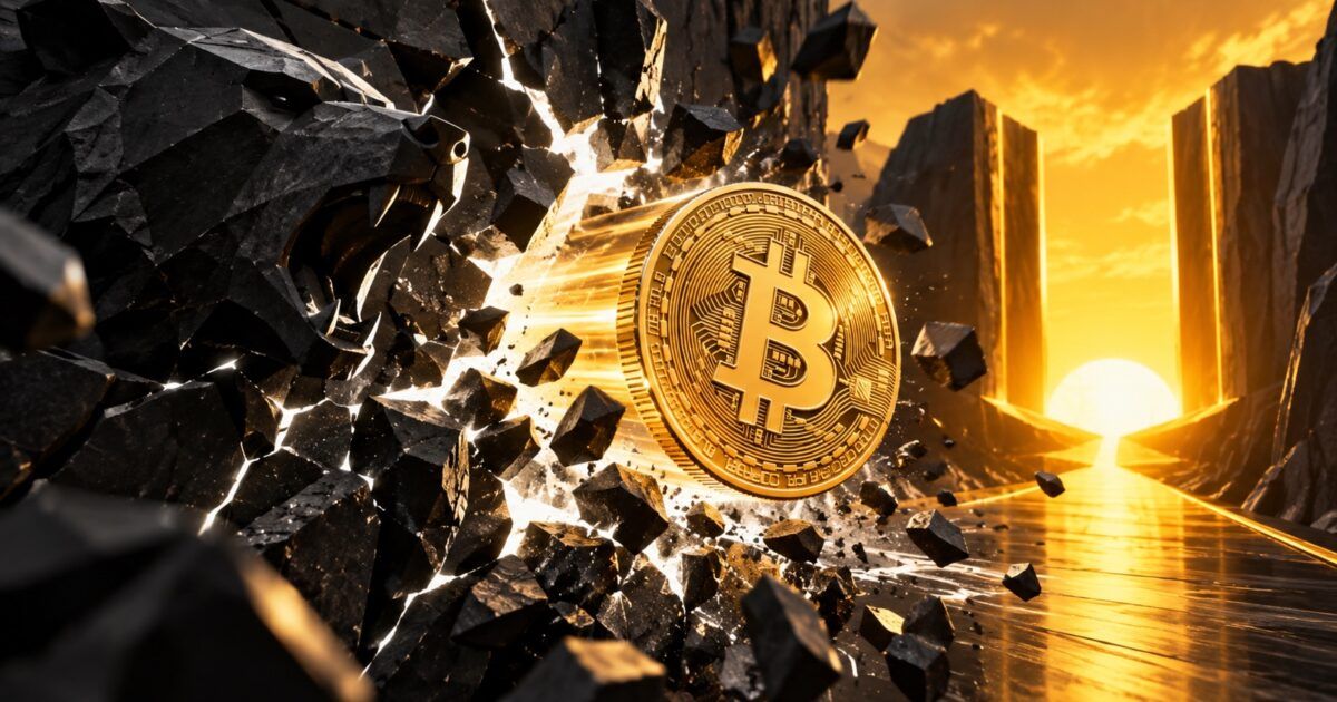 Bitcoin breaking through a black leverage barrier toward a bright threshold