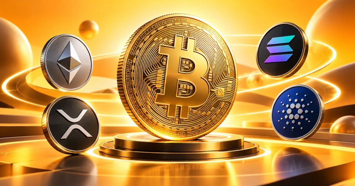 Bitcoin coin surrounded by Ethereum, XRP, Solana and Cardano symbols in PCN yellow-orange styling