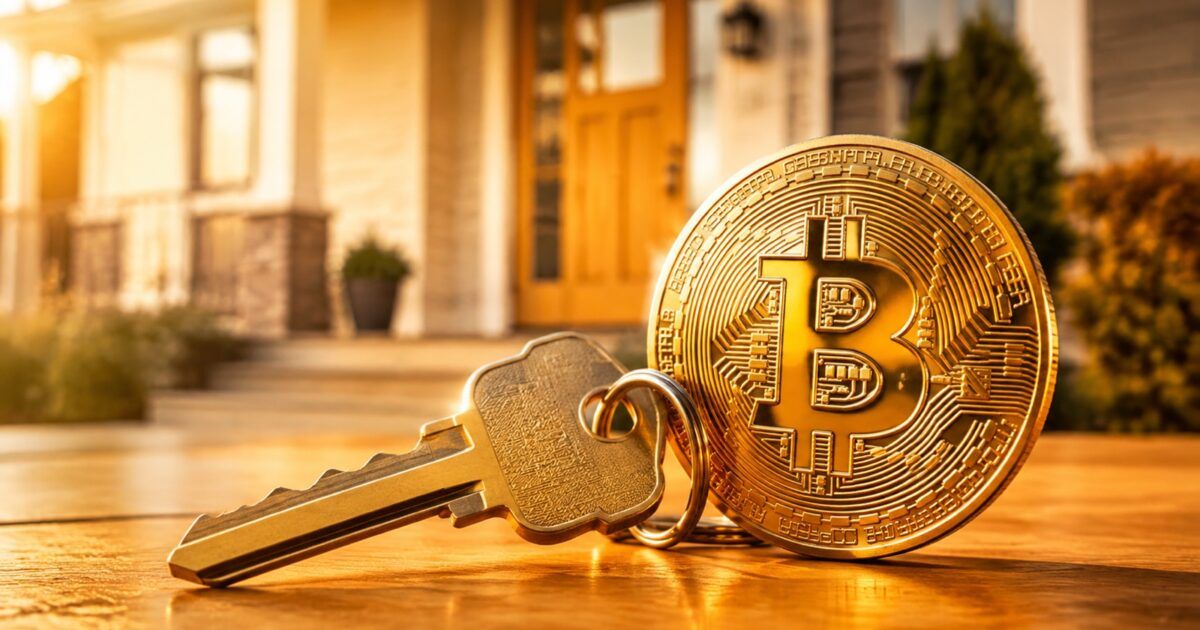 House key beside a Bitcoin coin in front of a home