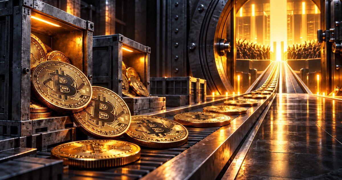 Bitcoin coins move from storage crates toward a brightly lit open vault