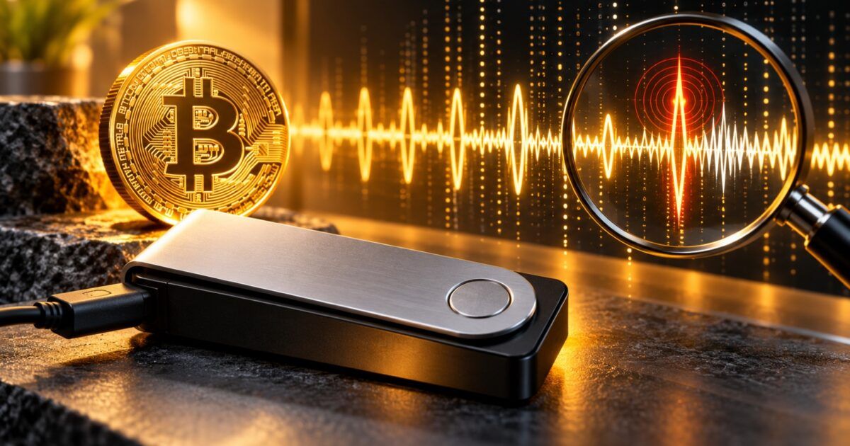 Bitcoin hardware wallet beside a signature anomaly detection signal