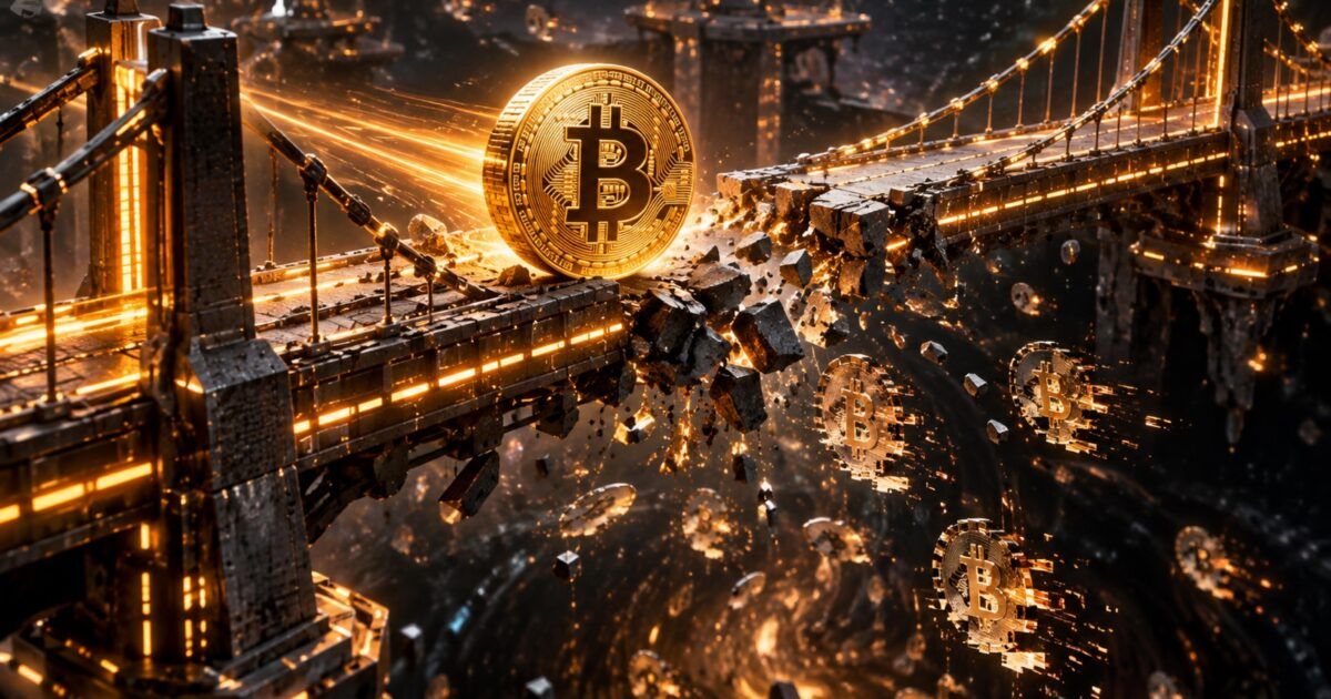 A Bitcoin-inspired coin crossing a fractured digital bridge as duplicate token traces break away