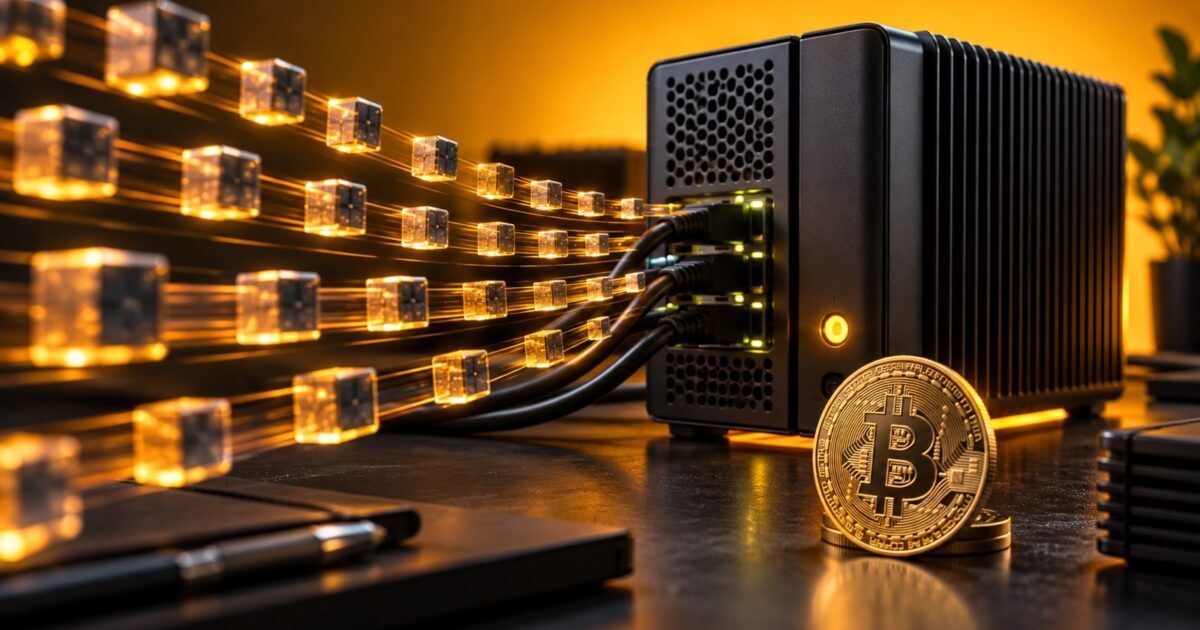 Bitcoin full-node computer processing parallel transaction blocks in a yellow-orange studio scene