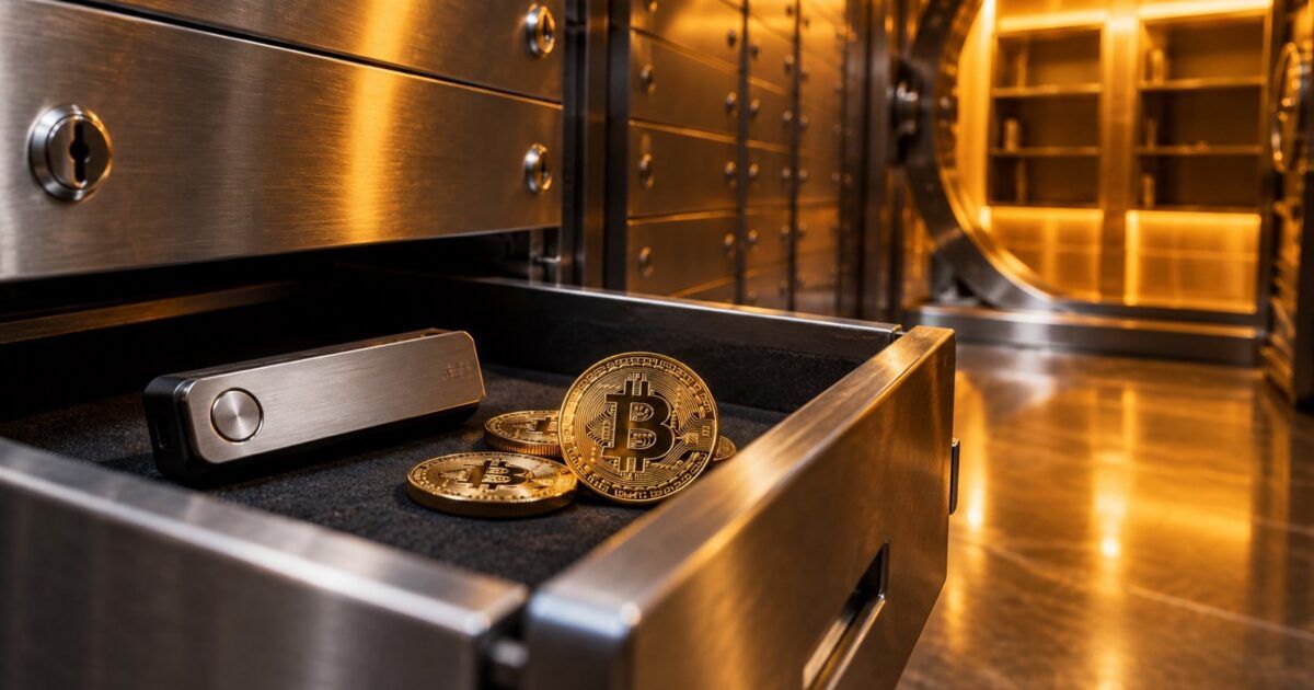 Bitcoin tokens and cold-storage hardware inside a mostly empty institutional vault drawer