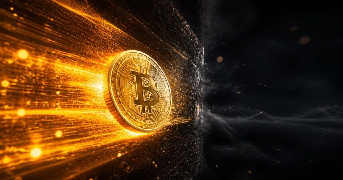 Bitcoin crossing from bright market liquidity into a darker low-demand zone
