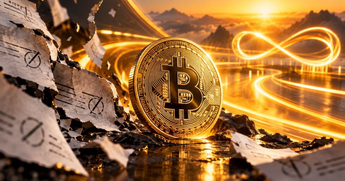Bitcoin coin beside fragmented dated contracts and continuous golden market trails