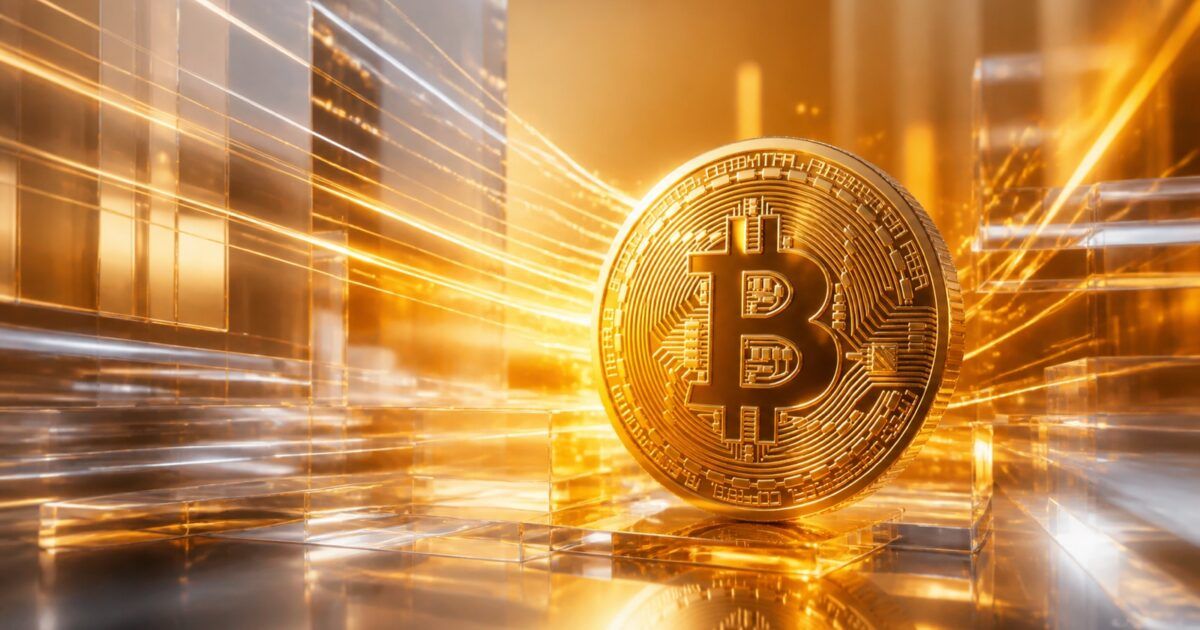 Gold Bitcoin coin amid bright streams representing institutional ETF inflows