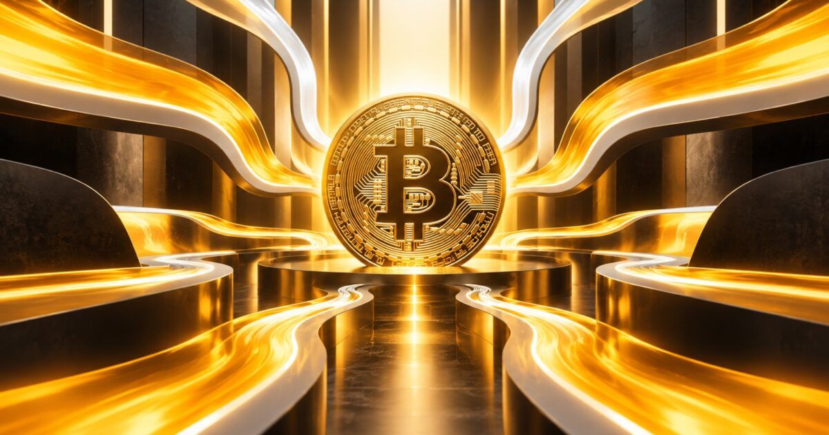Bitcoin surrounded by luminous institutional capital-flow channels