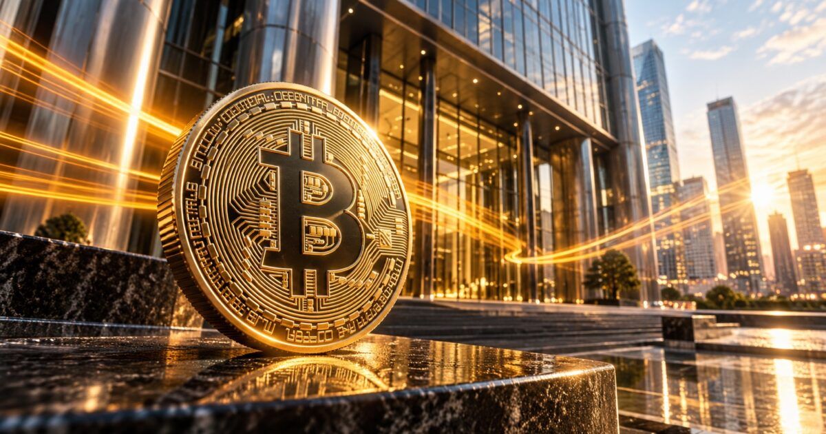 Bitcoin coin outside modern financial buildings with golden capital-flow light
