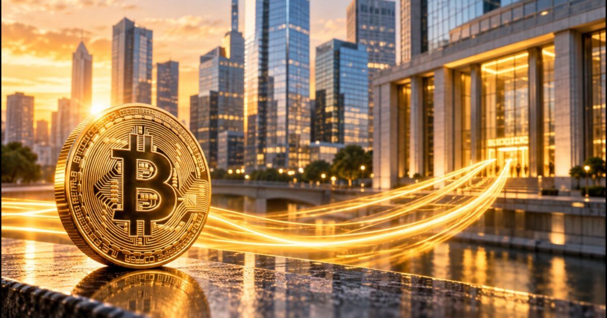 Bitcoin coin with golden capital-flow light moving toward a financial district